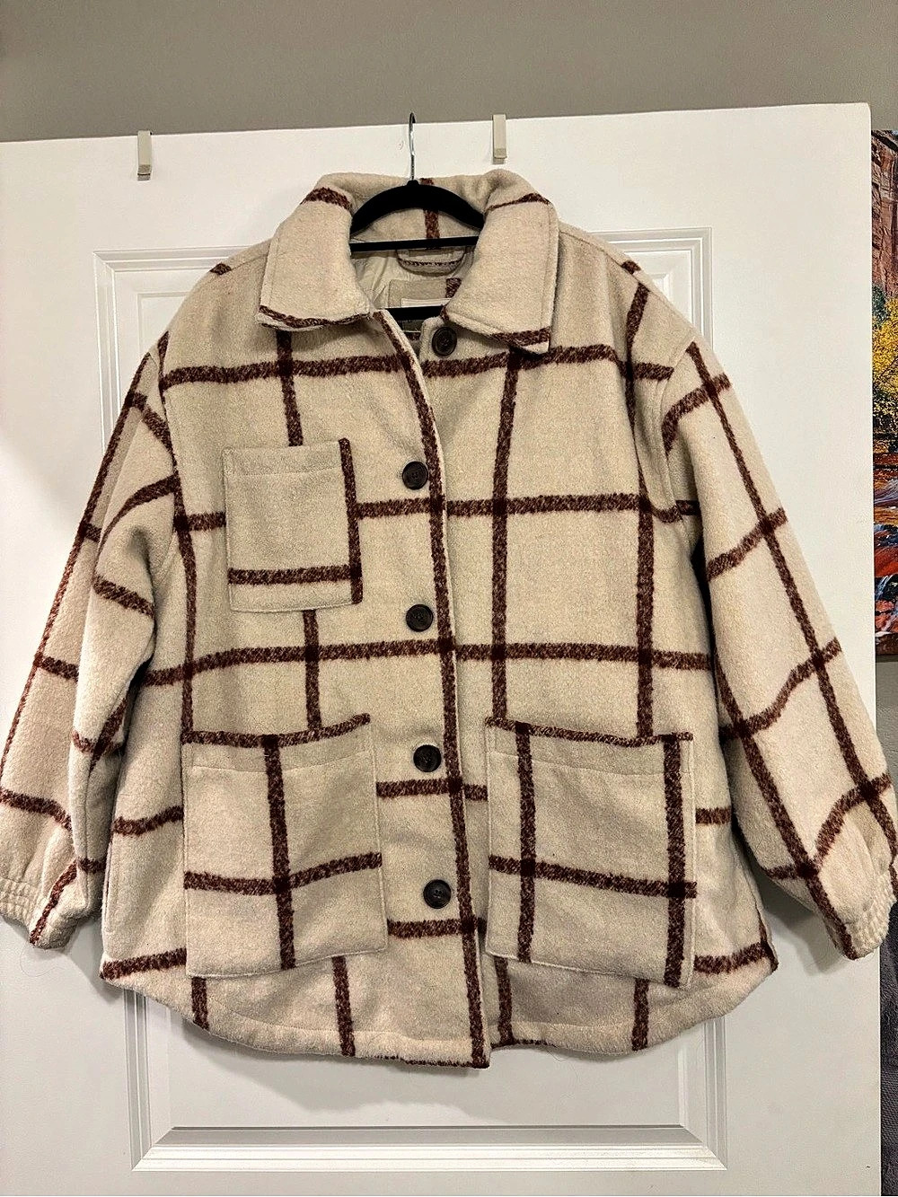 Universal Thread Plaid Button-Front Shacket Cream & Brown- Size Large